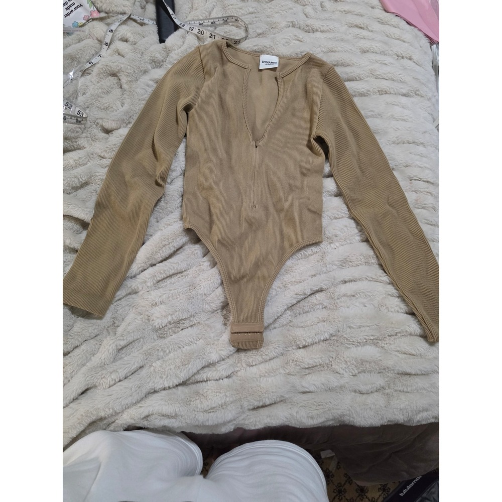 Dynamic Los Angeles Ribbed Long Sleeve V-Neck Bodysuit Tan Khaki Womens